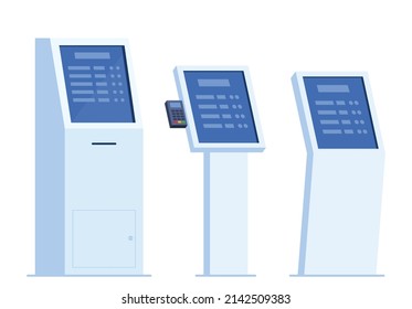 Self-service payment and information electronic terminal with touch screen, set of elements. Vector illustration in flat style