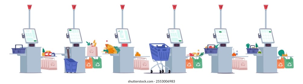 Self-service, product qrcode scanner, contactless payment interactive electronic checkout terminal with digital touch screen and eco-friendly shopping bags in supermarket cartoon vector illustration
