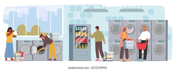 Self-service Public Launderettes Offer Convenience. Customers Wash And Dry Their Clothes Independently, Saving Time And Effort While Enjoying Clean, Fresh Laundry. Cartoon People Vector Illustration