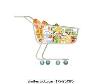 Self-service shopping cart with fresh healthy grocery products vegetables and milk products trolley cart vector illustration isolated on white background