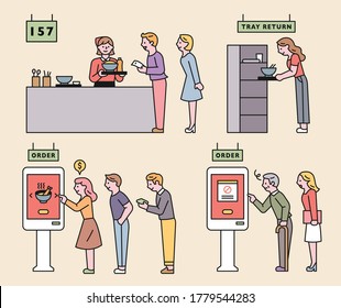 Self-service style restaurant. Customers using kiosk machines. flat design style minimal vector illustration.