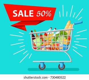 Self-service supermarket full shopping trolley cart with fresh grocery products and red handle realistic vector illustration sale Web site page and mobile app design