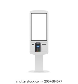 Self-service terminal for quick purchases. Electronic kiosk for shopping tickets or fast food with POS Payment Terminal.