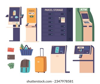 Self-service Terminals and Items Isolated Icons Set. Digital Electronic Devices for Buying Goods, or Tickets