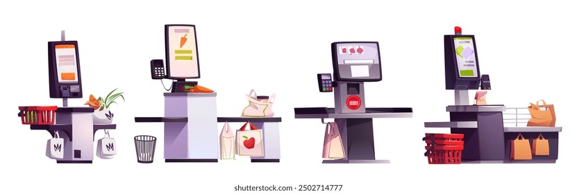 Self-service terminals set for supermarket interior isolated on white background. Vector cartoon illustration of payment kiosk with menu on digital touch screen, shopping bags and baskets, pos machine