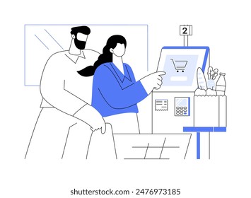 Self-serviced check-out counter isolated cartoon vector illustrations. Young couple making payment at supermarket self-checkout counter, grocery store, smart shopping vector cartoon.