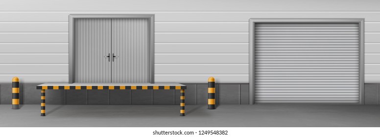 Self-storage business facility, delivery company warehouse, car service garage, commercial hangar 3d realistic vector with closed roll gates and loading, unloading ramp near entrance illustration