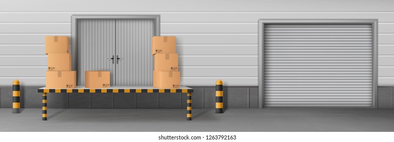Self-storage business facility, delivery company warehouse, store rear entrance for cargo unloading 3d realistic vector with closed roll gates and cardboard boxes, parcels on loading ramp illustration