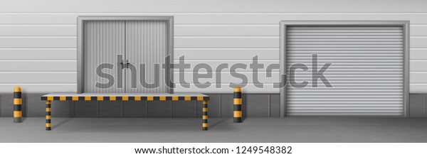 Self-storage business facility, delivery\
company warehouse, car service garage, commercial hangar 3d\
realistic vector with closed roll gates and loading, unloading ramp\
near entrance\
illustration