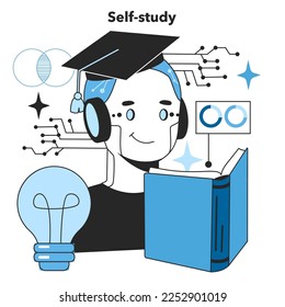 Self-study as an artificial neural network benefit. Self-learning computing system for data processing. Deep machine learning modern technology. Flat vector illustration