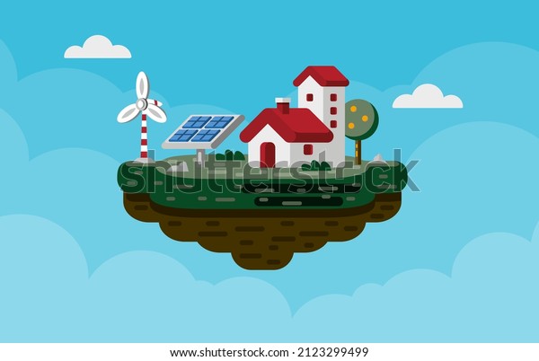 Self-Sufficiency\
Electric Power Concept. Eco-Friendly House on Floating Island\
Connected to Solar Panels. Autonomous Power Sustainable Energy\
Ecosystem. Flat Design. Editable\
Vector.