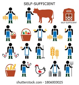 Self-sufficient farmer vector color icons, self sufficiency farming concept, eco and green living design collection. Independent slow-living person, sufficient living idea, self deficiency design 