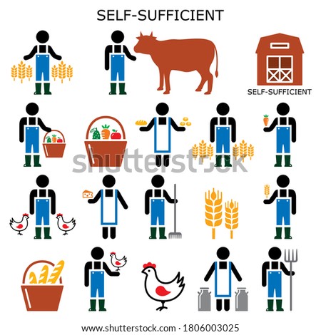 Self-sufficient farmer vector color icons, self sufficiency farming concept, eco and green living design collection. Independent slow-living person, sufficient living idea, self deficiency design 