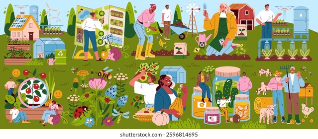 Self-Sufficient Garden concept. Illustrates the diverse activities supporting sustainable living, including gardening, animal care, and eco-friendly practices. Promotes environmental awareness and