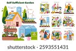 Self-sufficient garden concept. A visual guide to creating a sustainable backyard garden with eco-friendly practices, from planning and irrigation to harvesting and animal integration. Vector