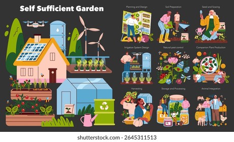Self-sufficient garden illustration exhibits sustainable living practices. It highlights various activities such as planning, soil preparation, irrigation design, pest control, and harvesting. Ideal