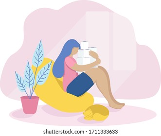 Self-sufficient independent woman, succumbing to a general panic, is stinging in her apartment with a pile of toilet paper. She feels secure. Vector illustration eps10.How to survive self-isolation.