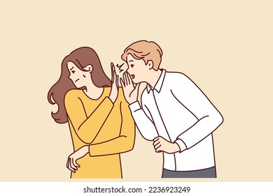 Self-sufficient woman turns away from screaming man after insults or unpleasant words. Girl shows stop sign with palm to guy who wants to tell secret or make obscene proposal. Flat vector illustration