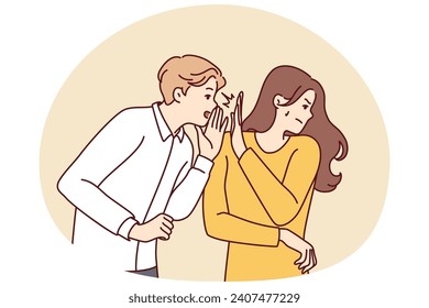 Self-sufficient woman turns away from screaming man after insults or unpleasant words. Girl shows stop sign with palm to guy who wants to tell secret or make obscene proposal. Flat vector illustration