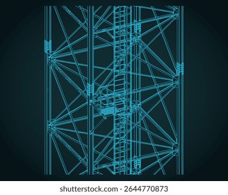 Self-supporting tower isometric  blueprint close up stylized vector illustration