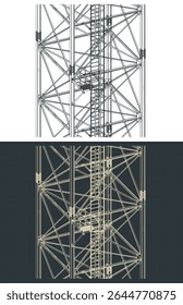 Self-supporting tower isometric drawings close up stylized vector illustrations