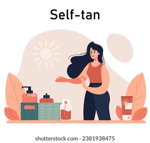 Self-tan. Beautiful woman applying self-tanner bronzing lotion. Artificial tan cream. Sunburn protection and skin care procedure. Flat vector illustration