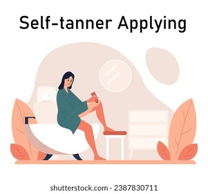 Self-tan. Beautiful woman applying self-tanner bronzing lotion. Artificial tan cream. Sunburn protection and skin care procedure. Flat vector illustration