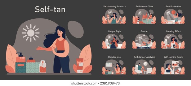 Self-tan dark or night mode set. Beautiful woman applying self-tanner bronzing lotion. Artificial tan cream. Sunburn protection and skin care procedure. Flat vector illustration