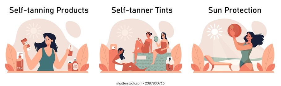 Self-tan set. Beautiful woman applying self-tanner bronzing lotion. Artificial tan cream. Sunburn protection and skin care procedure. Flat vector illustration