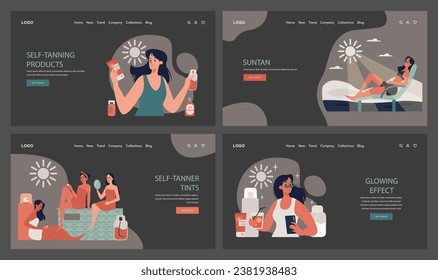 Self-tan web banner or landing page dark or night mode set. Beautiful woman applying self-tanner bronzing lotion. Artificial tan cream. Sunburn protection and skin care. Flat vector illustration