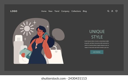 Self-tan web banner or landing page dark or night mode. Beautiful woman applying self-tanner bronzing lotion. Artificial tan cream. Sunburn protection and skin care. Flat vector illustration