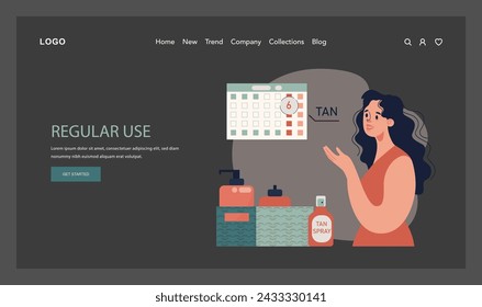 Self-tan web banner or landing page dark or night mode. Beautiful woman applying self-tanner bronzing lotion. Artificial tan cream. Sunburn protection and skin care. Flat vector illustration