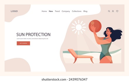 Self-tan web banner or landing page. Beautiful woman applying self-tanner bronzing lotion. Artificial tan cream. Sunburn protection and skin care procedure. Flat vector illustration