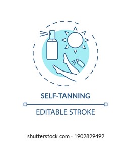 Self-tanning concept icon. Home beauty treatment idea thin line illustration. Lotions, creams and sprays. Sunless, fake tanning products. Vector isolated outline RGB color drawing. Editable stroke