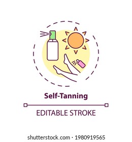 Self-tanning Concept Icon. Home Beauty Treatment Idea Thin Line Illustration. Suntan Effect Without Sun. Sunless, Fake Tanning Products. Vector Isolated Outline RGB Color Drawing. Editable Stroke