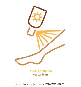 Self-tanning symbol, logo element. Home beauty treatment idea in a thin line style. Suntan effect without sun. Editable vector illustration in yellow and brown colors isolated on a white background.