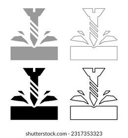 El tornillo autorroscante se enrosca en el material afeitado conjunto de dispersión icono gris color negro ilustración vectorial contorno de relleno sólido línea delgado estilo plano