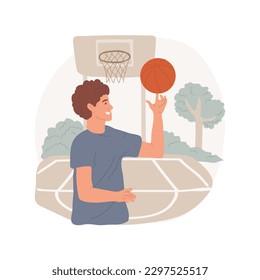 Self-training isolated cartoon vector illustration. Young teenage boy twirling a basketball ball on his fingers, healthy lifestyle, team sport, practicing throw, young player vector cartoon.