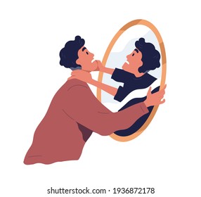 Self-violence and abuse concept. Person with inner conflict and mental health problems. Angry man fighting with his mirror reflection. Flat vector illustration isolated on white background