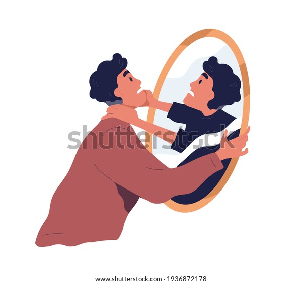 Self-violence and abuse concept. Person with\
inner conflict and mental health problems. Angry man fighting with\
his mirror reflection. Flat vector illustration isolated on white\
background