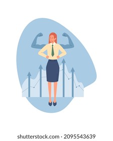 Selg confident concept. Girl in business suit stands in confident posture, and behind shadow of muscular arms. Metaphor of Inner Power, Feminism and Equal Rights. Cartoon flat vector illustration