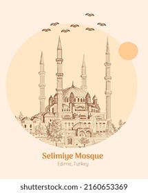 Selimiye Mosque Edirne Turkey. Hand drawing vector illustration line art. Art of the great architect Sinan 