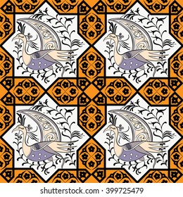 Seljuk-Turkish style Iznik tile seamless pattern design with stylized bird in octonal composition and floral decorations, repeating surface pattern for all web and print purposes.