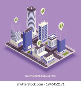 Sell buy rent commercial real estate apartment house office building isometric composition on smartphone screen vector illustration