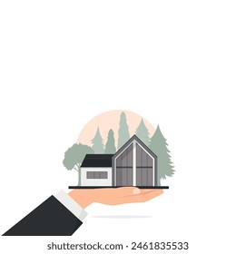 Sell, buy, rent real estate for social media posts and square banners. Illustration Man Holding In Hand of modern barn style cottage with panoramic windows. Vector