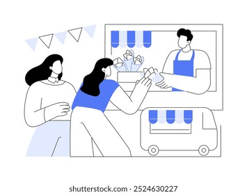 Vender deliciosos lanches ilustrações isoladas de vetor de desenhos animados. Trabalhadores de caminhão de alimentos sorridentes encontram os primeiros clientes, dia de abertura, festa de comida de rua, setor de serviços, horeca business vetor cartoon.