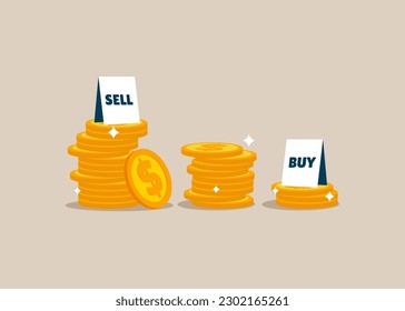 Sell high, buy low. Negative trend from the stock market or investment, financial strategy, decreasing Forex market. Flat vector illustration