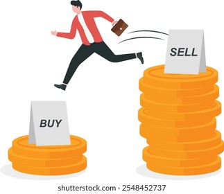 Sell high, buy low. Negative trend from the stock market or investment, financial strategy, decreasing Forex market. Modern vector illustration in flat style.
