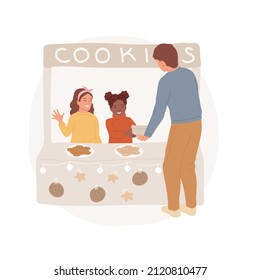 Sell homemade cookies abstract concept vector illustration. Girls sell cookies to neighbors, children make business, garage sale, stand with homemade baking, local community abstract metaphor.