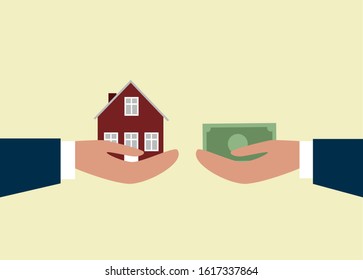 Sell house. Hand gives house 
in exchange for money. Vector real estate concept in flat style.